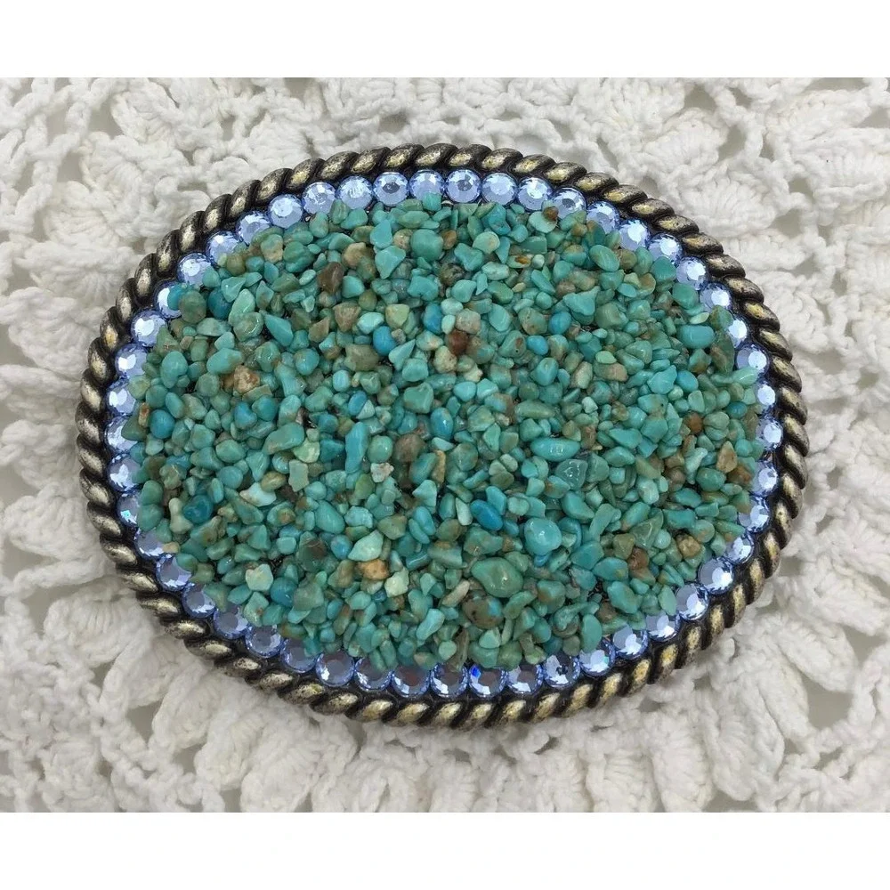 Vintage Turquoise Chip Belt Buckle Blue Rhinestone Rope Edge Western Boho